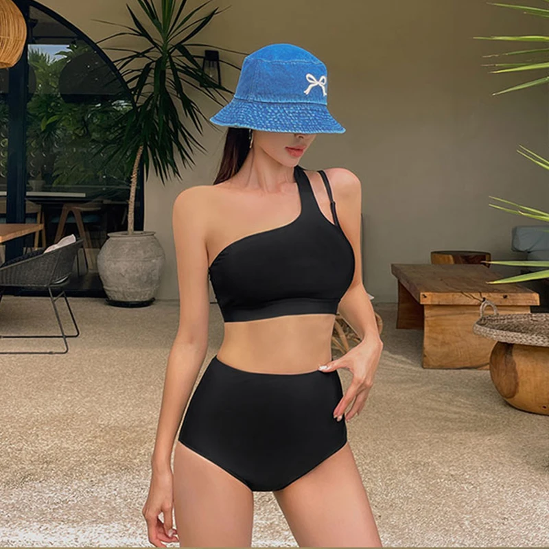 

Women's Two Piece Swimwear Korean Retro High Waist Solid Color Bikini Pleated Bathing Suit for Hot Spring Summer Beach
