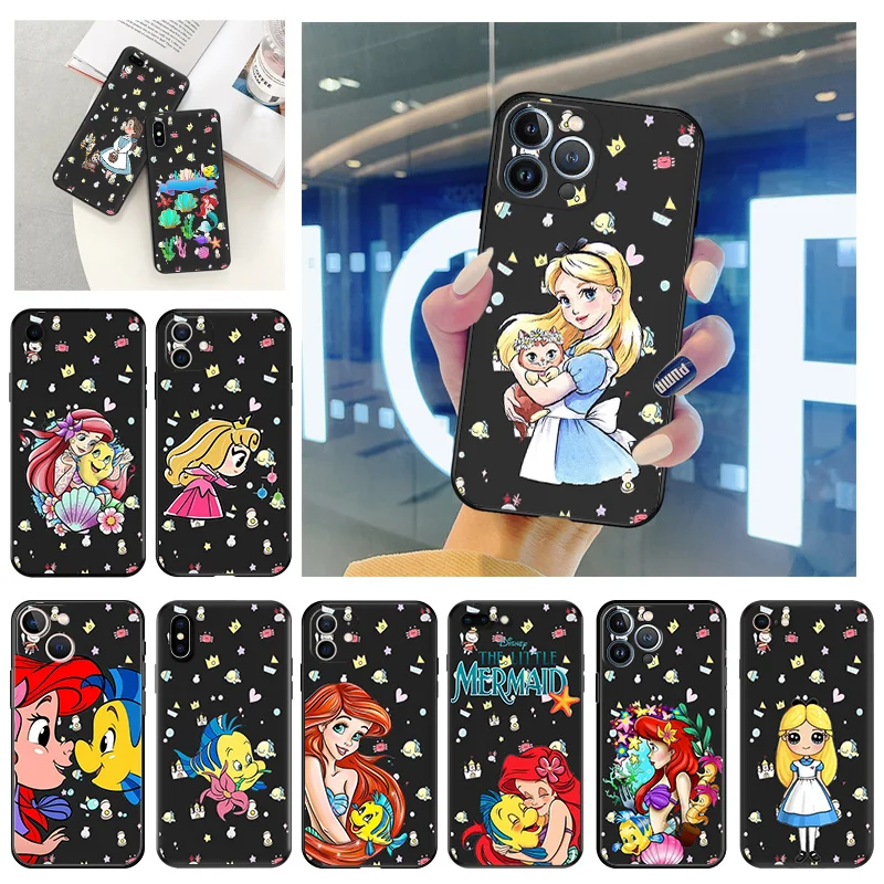 Phone Case for Apple iphone 16 Pro 15 12 11 13 Mini 14 Plus SE XR X XS Max 16Pro Little Mermaid Cute Soft Black Anti-Drop Cover