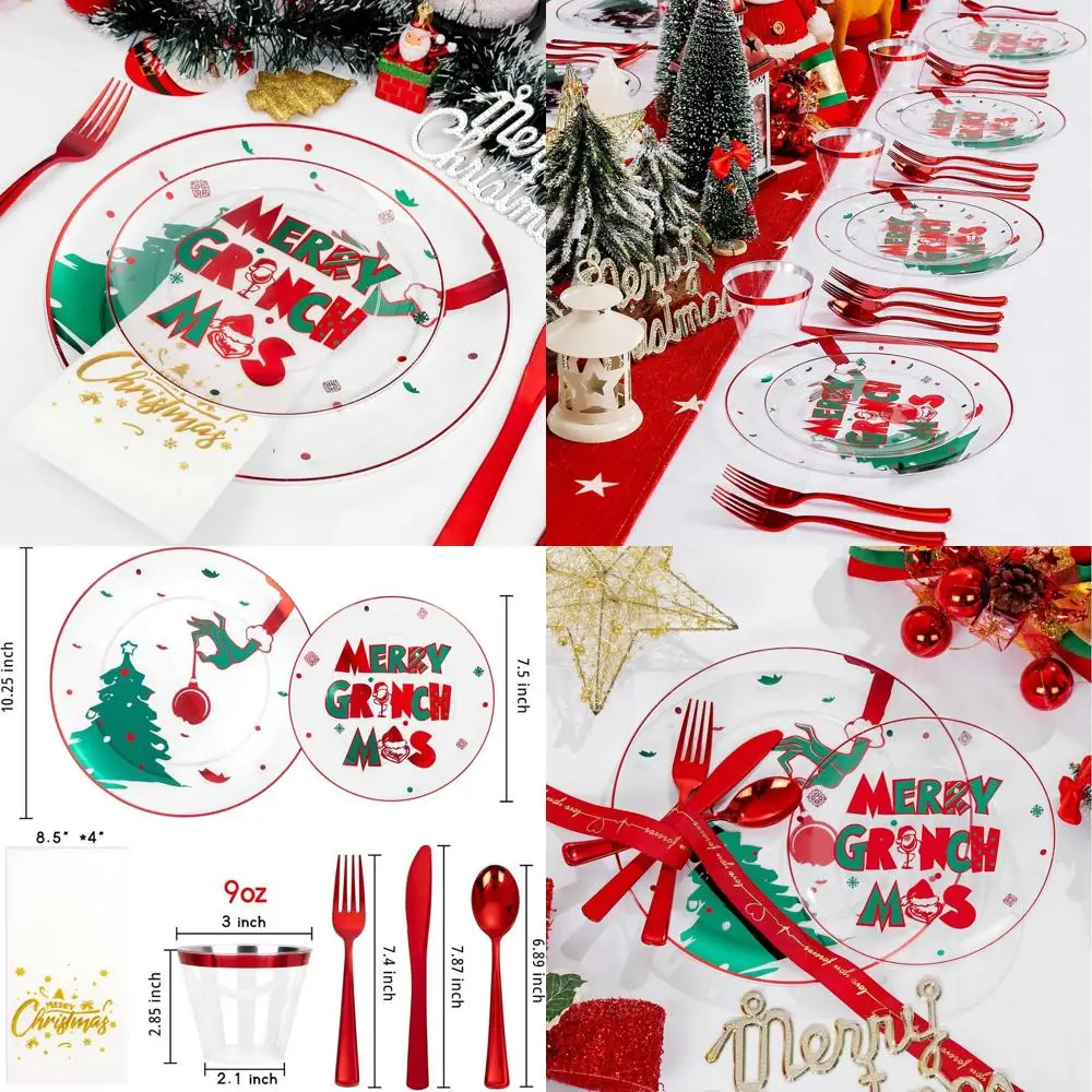

210-Piece Green Monster Themed Disposable Christmas Dinnerware Set: 30 Dinner Plates, 30 Dessert Plates, 30 Forks, 30 Knives, 30