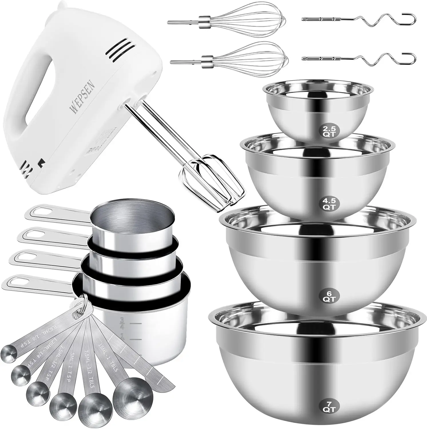 

Electric Hand Mixer with 5 Speeds, 4 Nesting Stainless Steel Bowls, Measuring Cups & Spoons, 200W Kitchen Blender Whisk