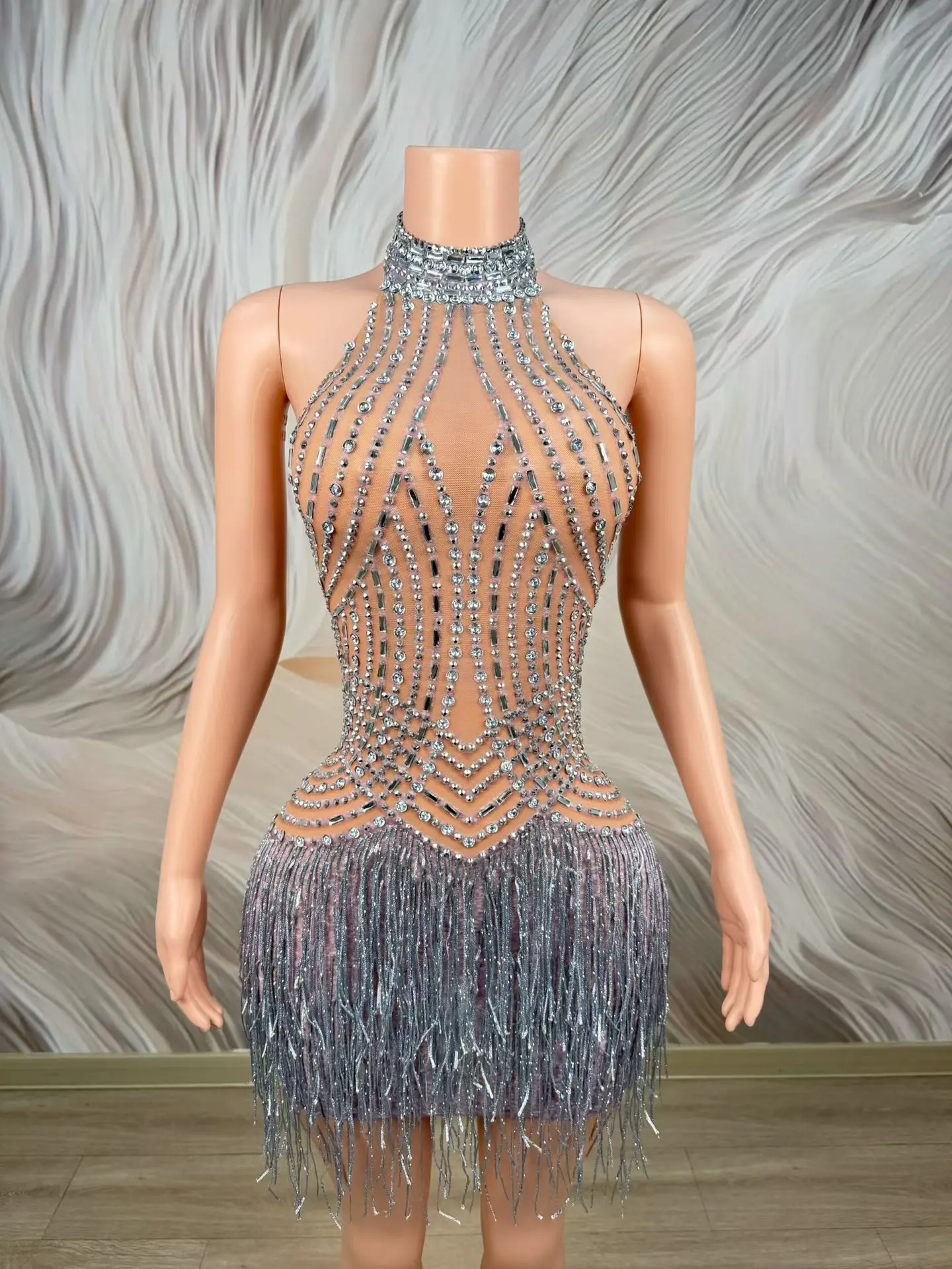 Qingsi Pintupian Sparkly Ombre Blue Pink Rhinestone Mini Gown Single Diagonal Strap Front Hollow Cut Birthday Photoshoot Outfit