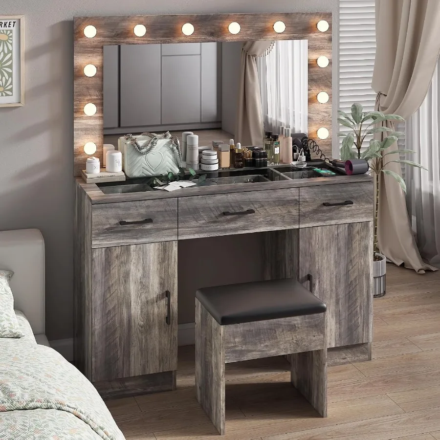 Vanity Desk with LED Lighted Mirror Padded Stool, Makeup Table with Drawers Cabinets Power Outlet Glass Top 12 Light Bulbs with