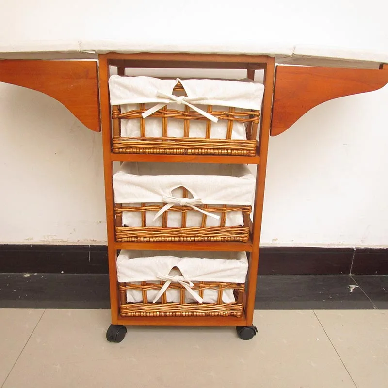 Factory Wholesale Cheap Custom Size Solid Wooden Folding Ironing Board Storage Cabinet With Wicker Drawer