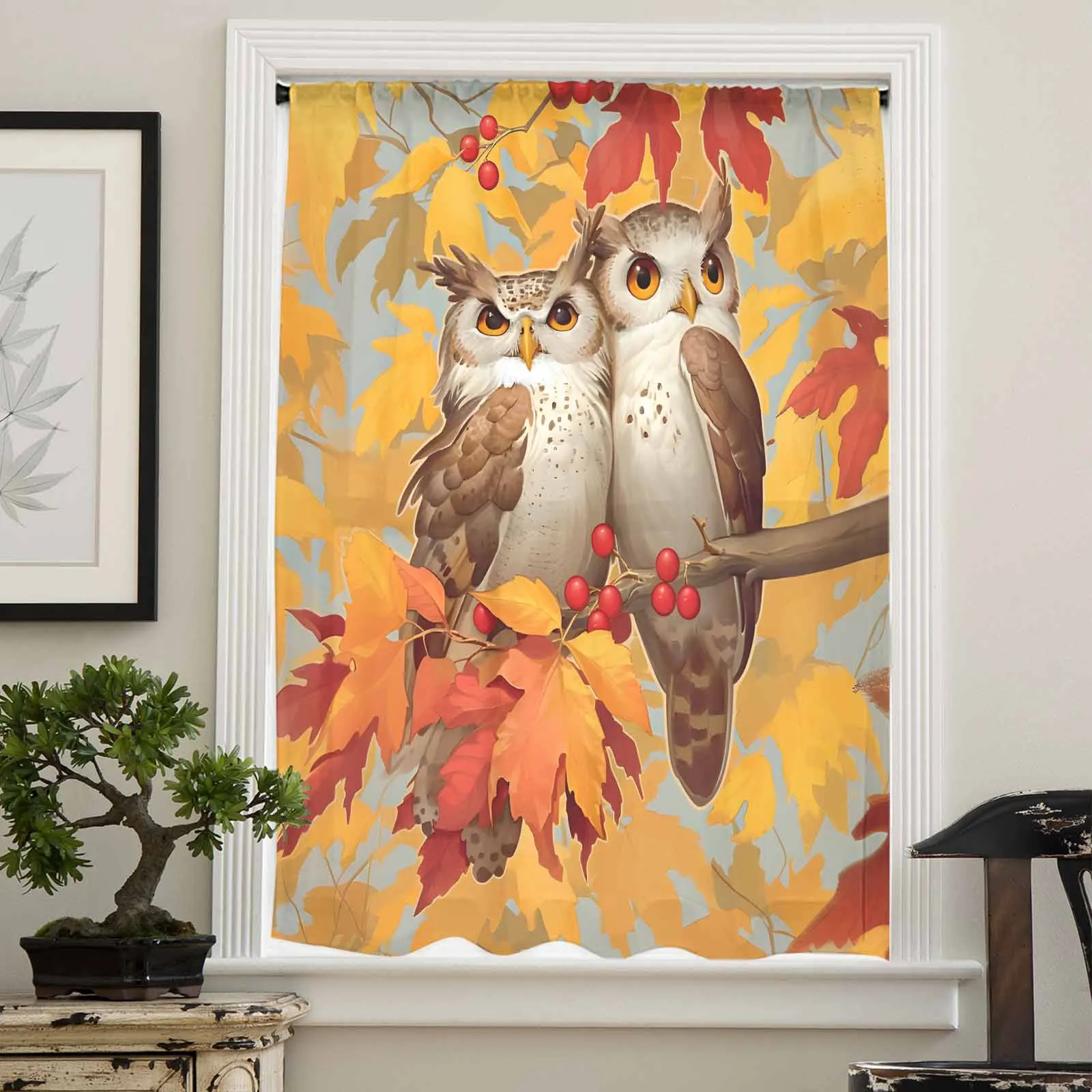 Autumn Yellow Maple Leaves Two Owls Branches Sheer Curtain Living Room Drapes Home Bedroom Voile Curtain Tulle Window Curtain