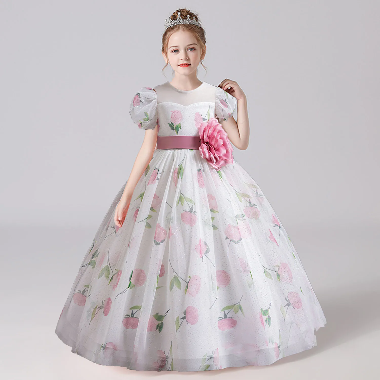 

Stunning Little Big Girls Puff Sleeves 3D Flower Appliqued Wedding Flower Girl Birthday Party Formal Long Pageant Dance Dress