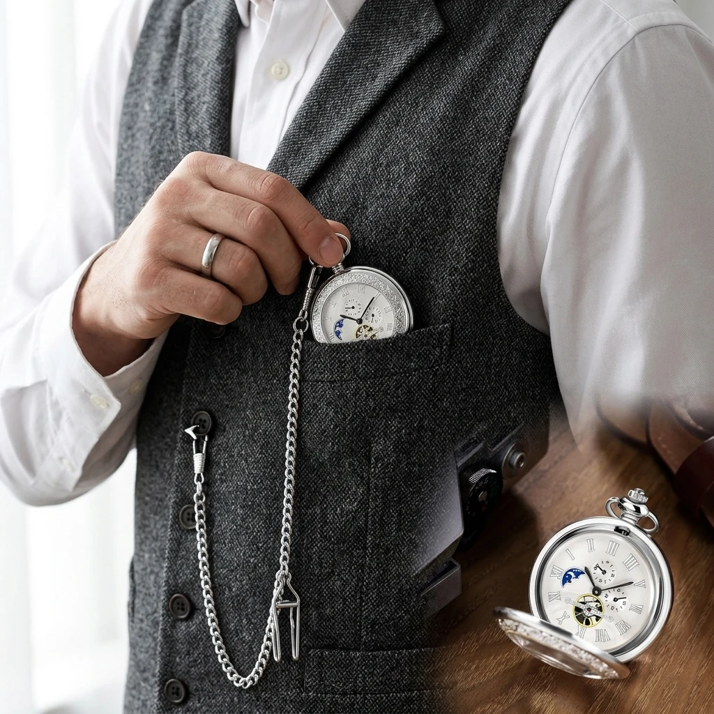 빈티지 기계식 포켓 시계, 문페이즈 스켈레톤 다이얼,  - Pocket Watch Mechanical Skeleton Vintage 리뷰 및 가격