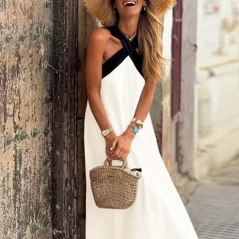 Vintage Women Sexy Hollow Shoulder Contract Color Maxi Dress Elegant Summer Sleeveless Backless  Halter Slim Party Dresse 2025