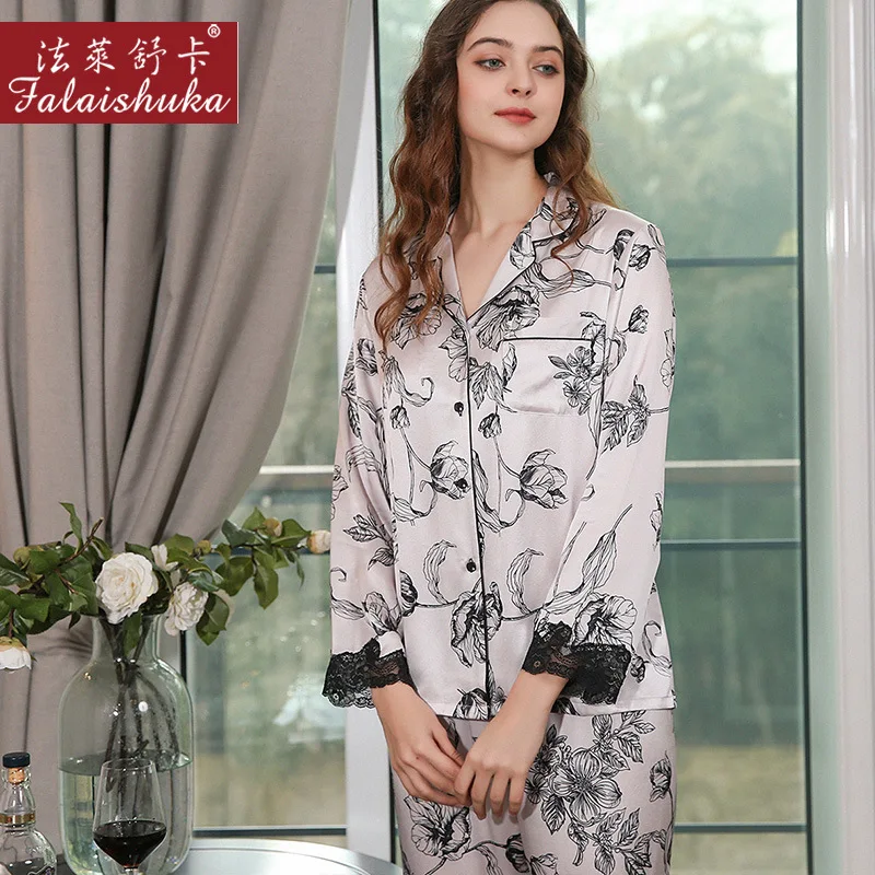 16 momme 100% genuine silk pajamas sets women sleepwear fashion Elegant pure natural silk White Lotus pyjamas T8260