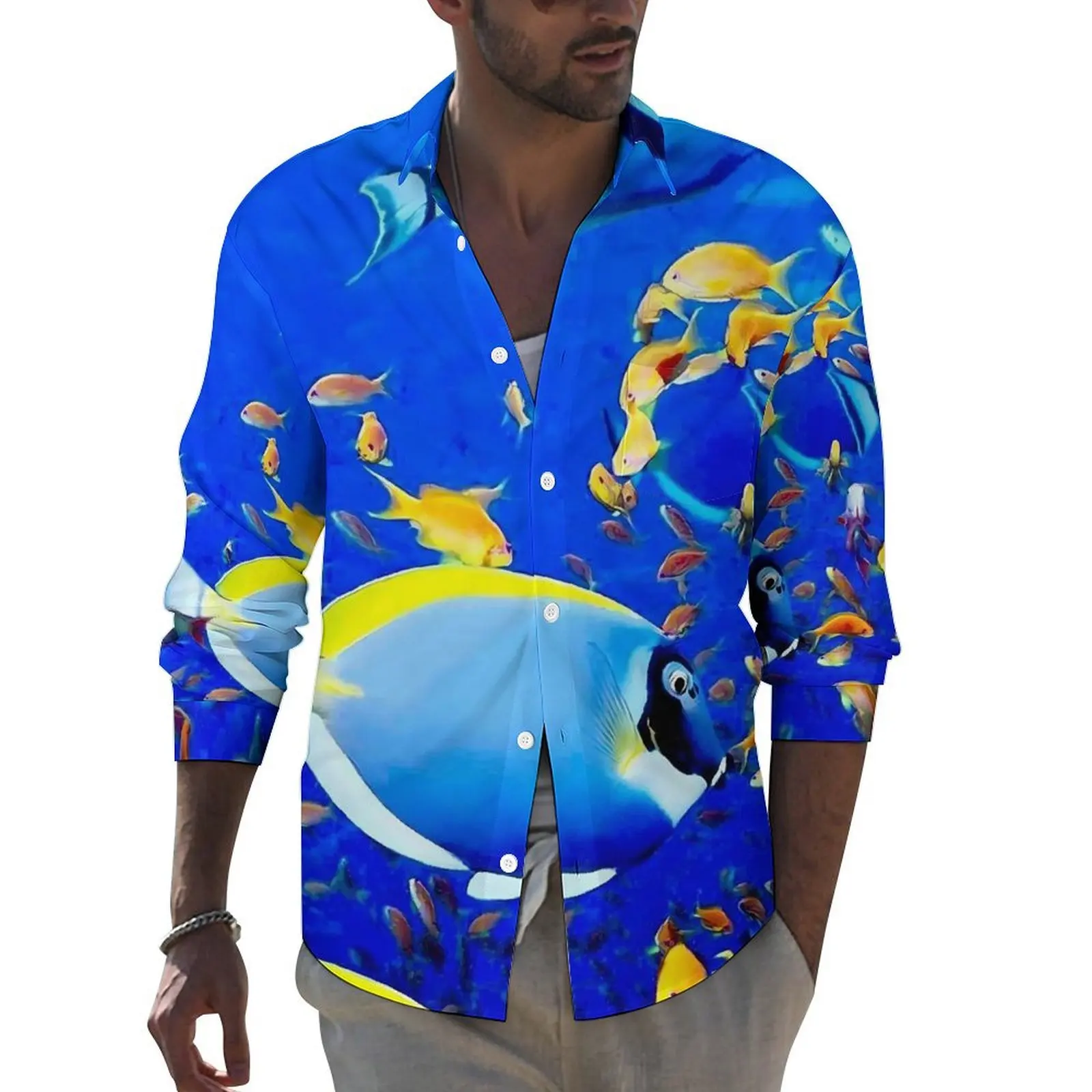 Tropical Marine Shirt Colorful Fish Print Casual Shirts Long Sleeve Design Funny Blouses Spring Vintage Oversize Clothing