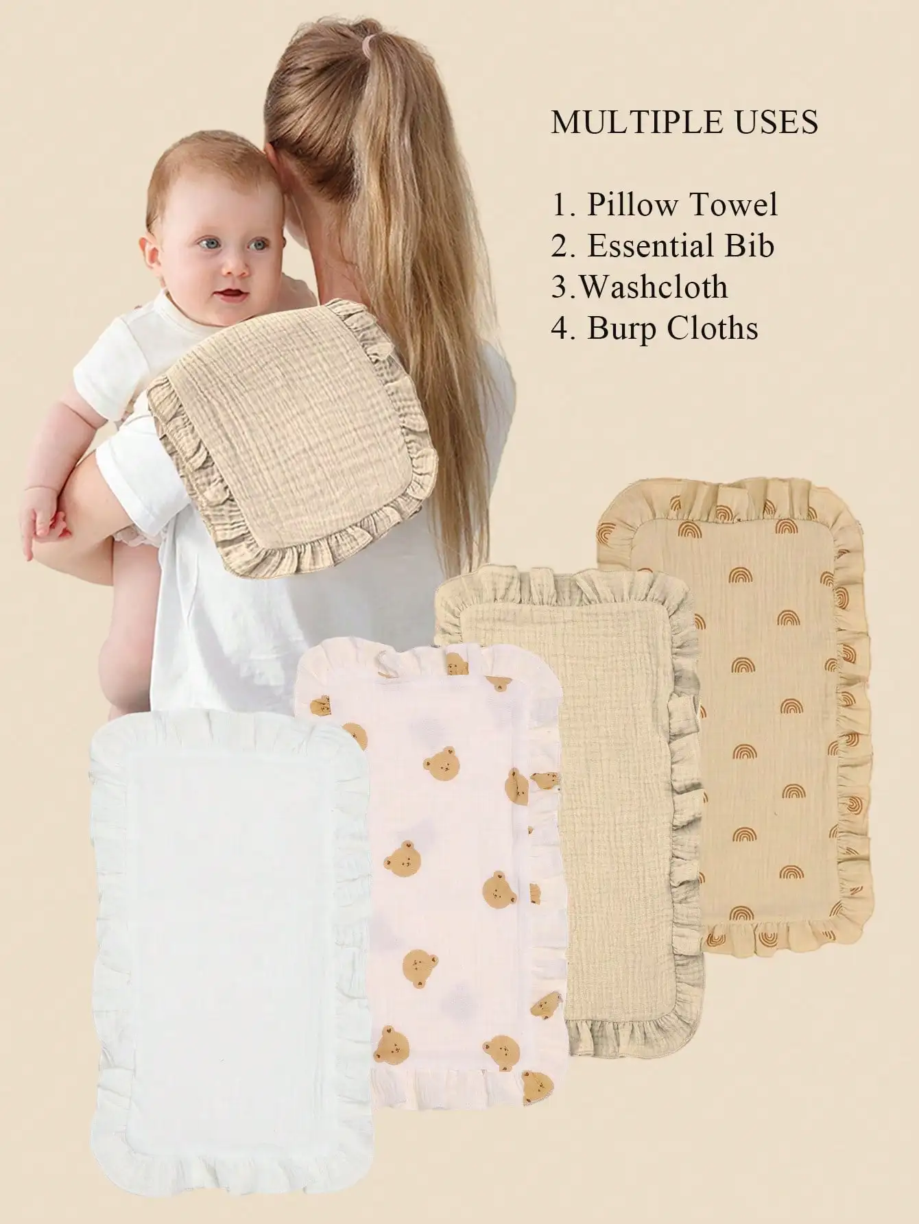 

4Pcs/Set Cute Floral Prints Soft Muslin Cotton Gauze Shoulder Rag Baby Burping Pad Ruffle Newborn Soft Cute Baby Burp Cloths