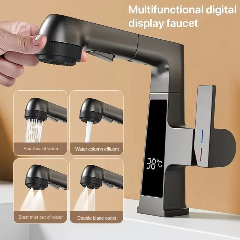 

Multi-Function Intelligent Digital Display Faucet Brass Pull-Out Basin Faucet 360° Rotation Lifting Hot And Cold Bathroom Faucet