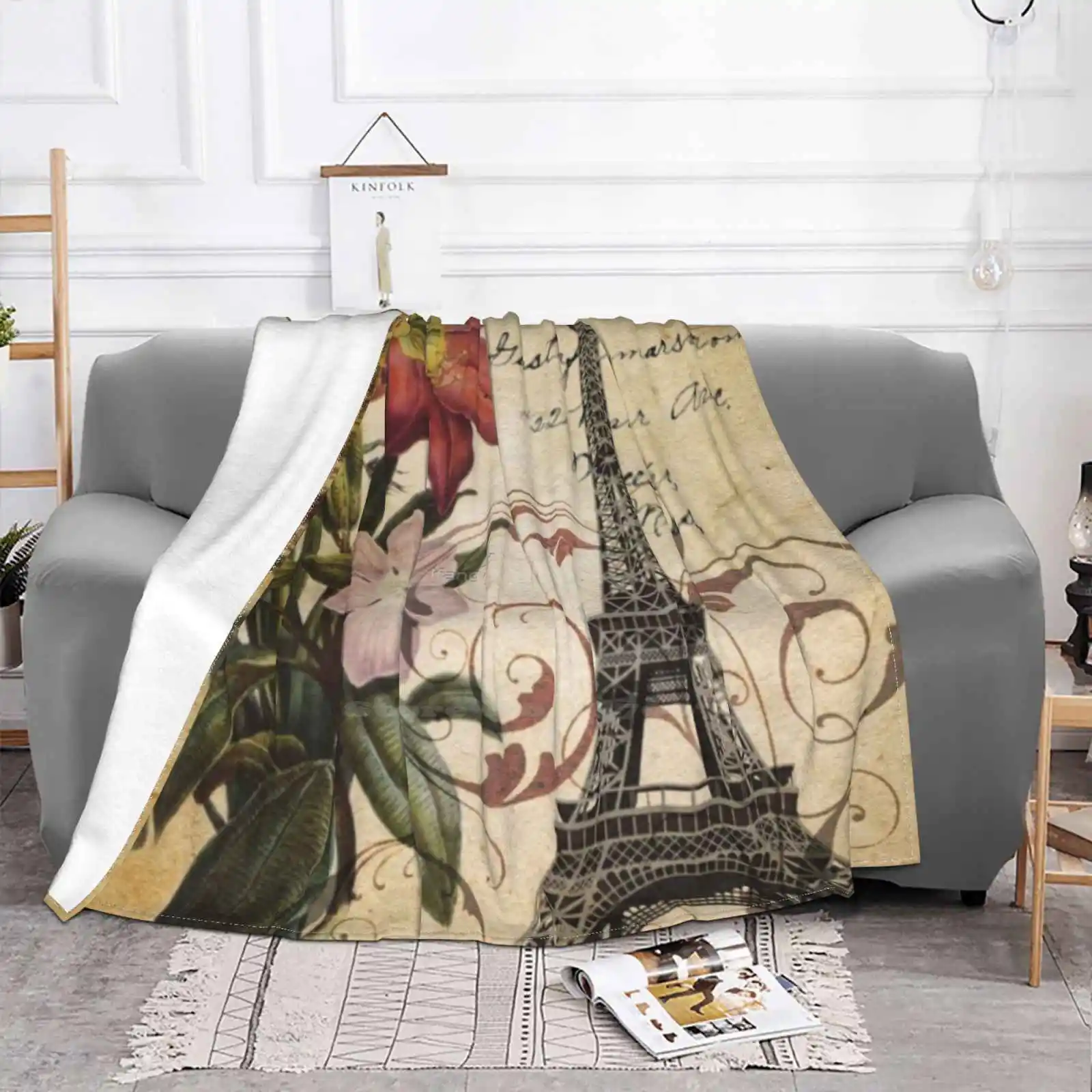 Vintage Retro Paris Eiffel Tower Lily Floral Botanical Art Trend Style Funny Fashion Soft Throw Blanket Retro Eiffel Tower Lily