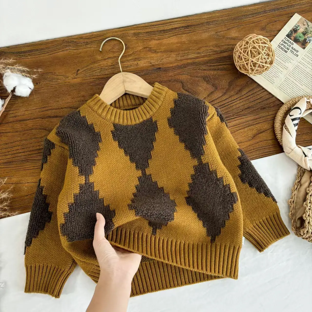 Children's Quilted Knitted Sweater Autumn Spring Warm Pullover Tops for Boys Baby Fashionable Casual Base Layer Shirt