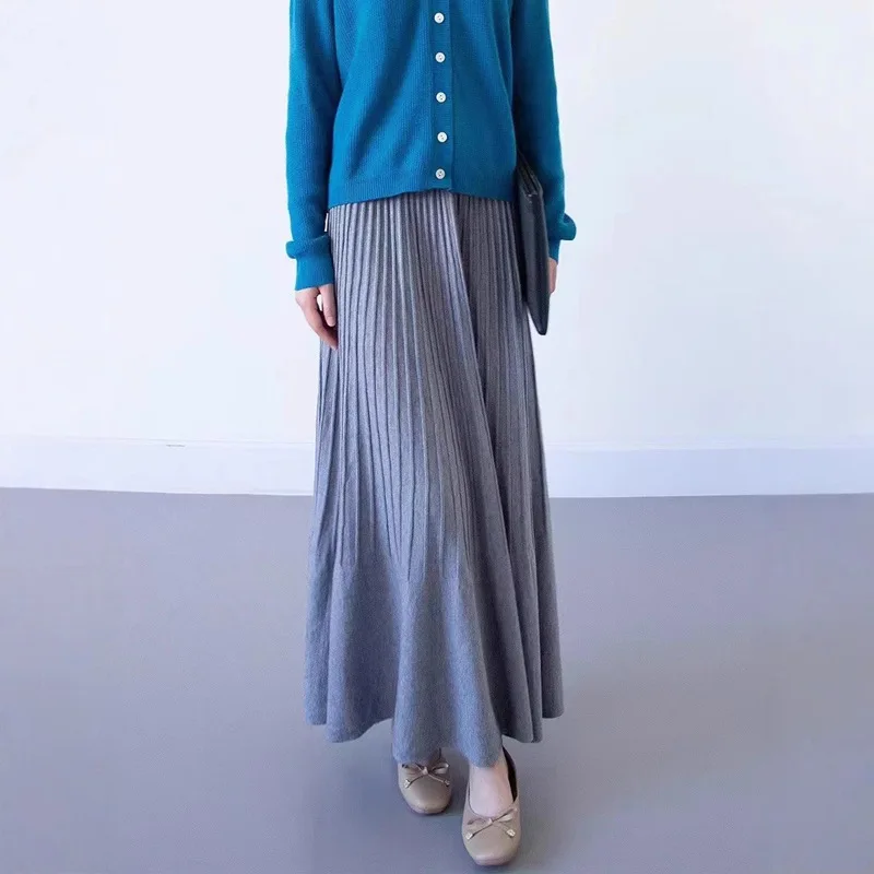 الخريف الشتاء محبوك مطوي ميدي تنورة للنساء كبيرة تنحنح أسفل مطوي ألف خط التنانير الطويلة تريكو