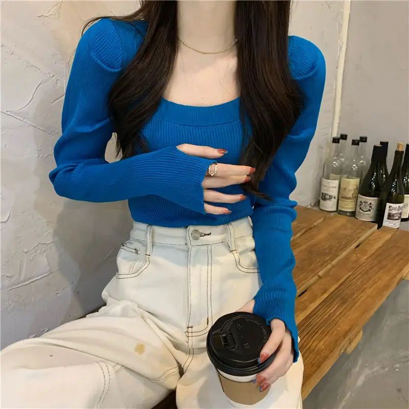 Pullovers Women French Style Inside Leisure Sweater Square Collar Crop Personal Puff Sleeve Elegant Sexy Sweet Mujer Slim Tender