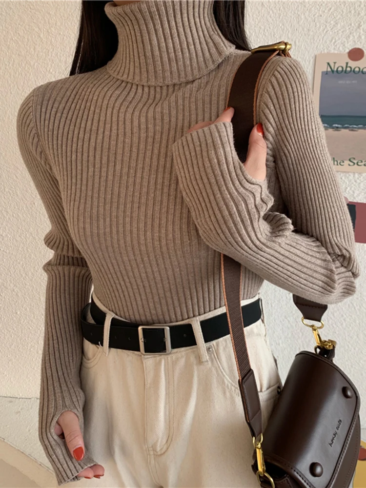 2024 Winter Knitted Turtleneck Sweater Basic Rib Fall Casual Slim Pullover Womens Elasticity Jumper Pull Femme With Thumb Hole