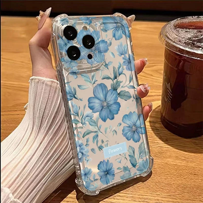 Elegant Blue Floral Pattern Transparent Case For Samsung Galaxy S26 Ultra S25 FE S24 Plus S23 S22 S21 A15 A17 A24 A37 A57 Cover