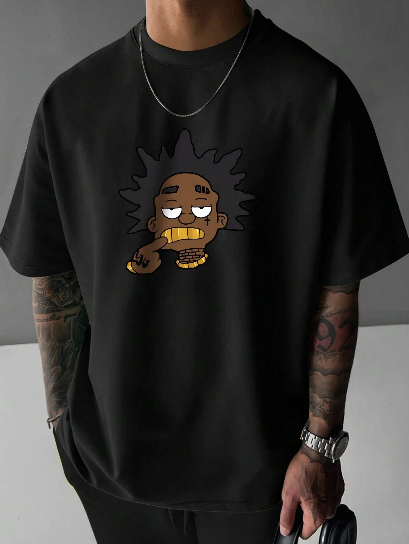 

2025 New Street Rebel Streetwear T-shirt Set Short Sleeve Tops with Attitude Print and Gold Teeth Design Casual Spring Summer