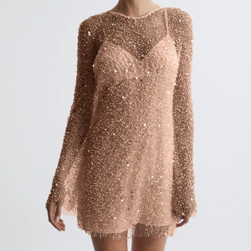 2025 verano Sexy cuello redondo cuentas vestido de malla transparente fuera del hombro vestido de tirantes fiesta boda vestidos de invitados moda mujer Mini Drees