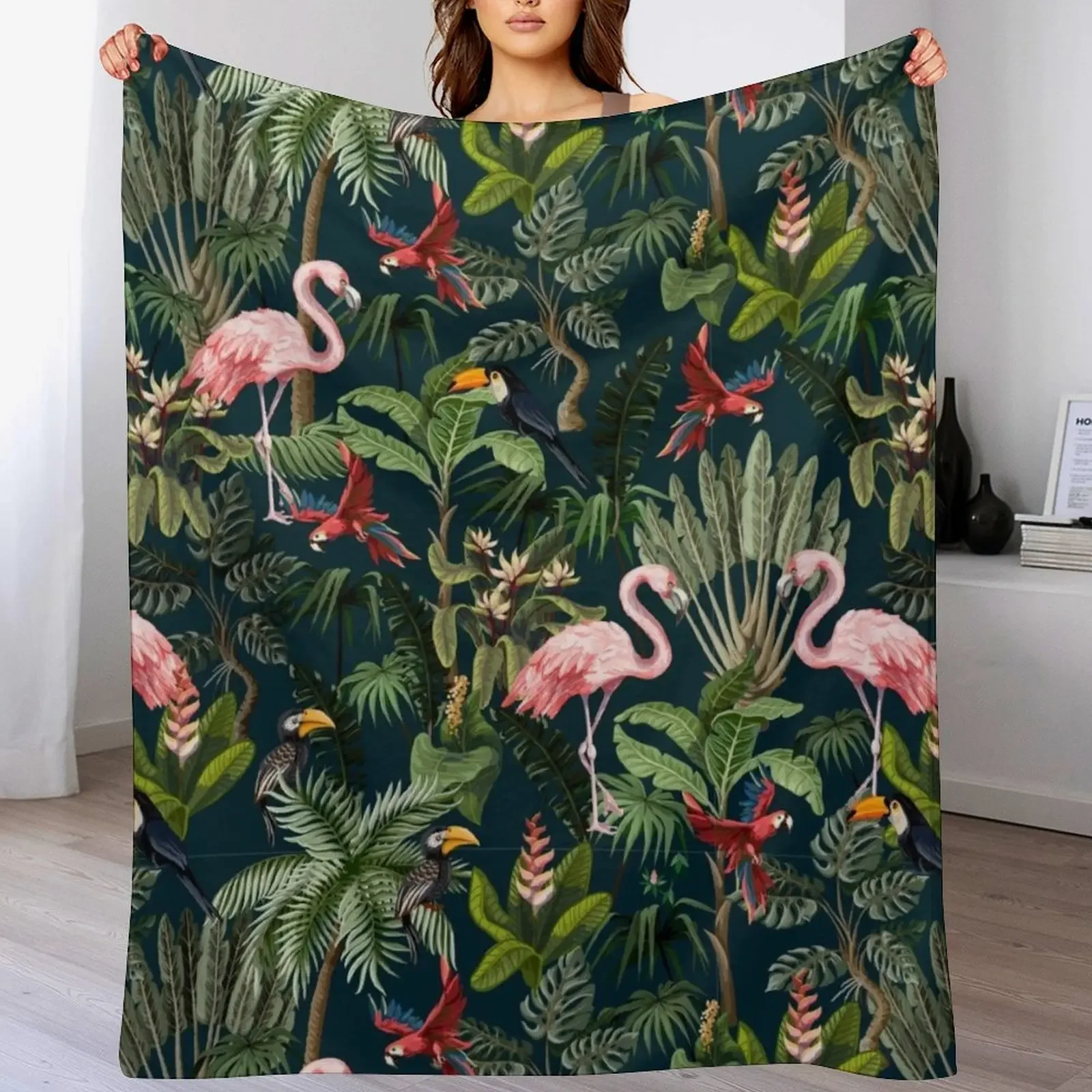 Jungle pattern with toucan, flamingo and parrot Throw Blanket Multi Purpose Soft Warm Blanket for Home Travel