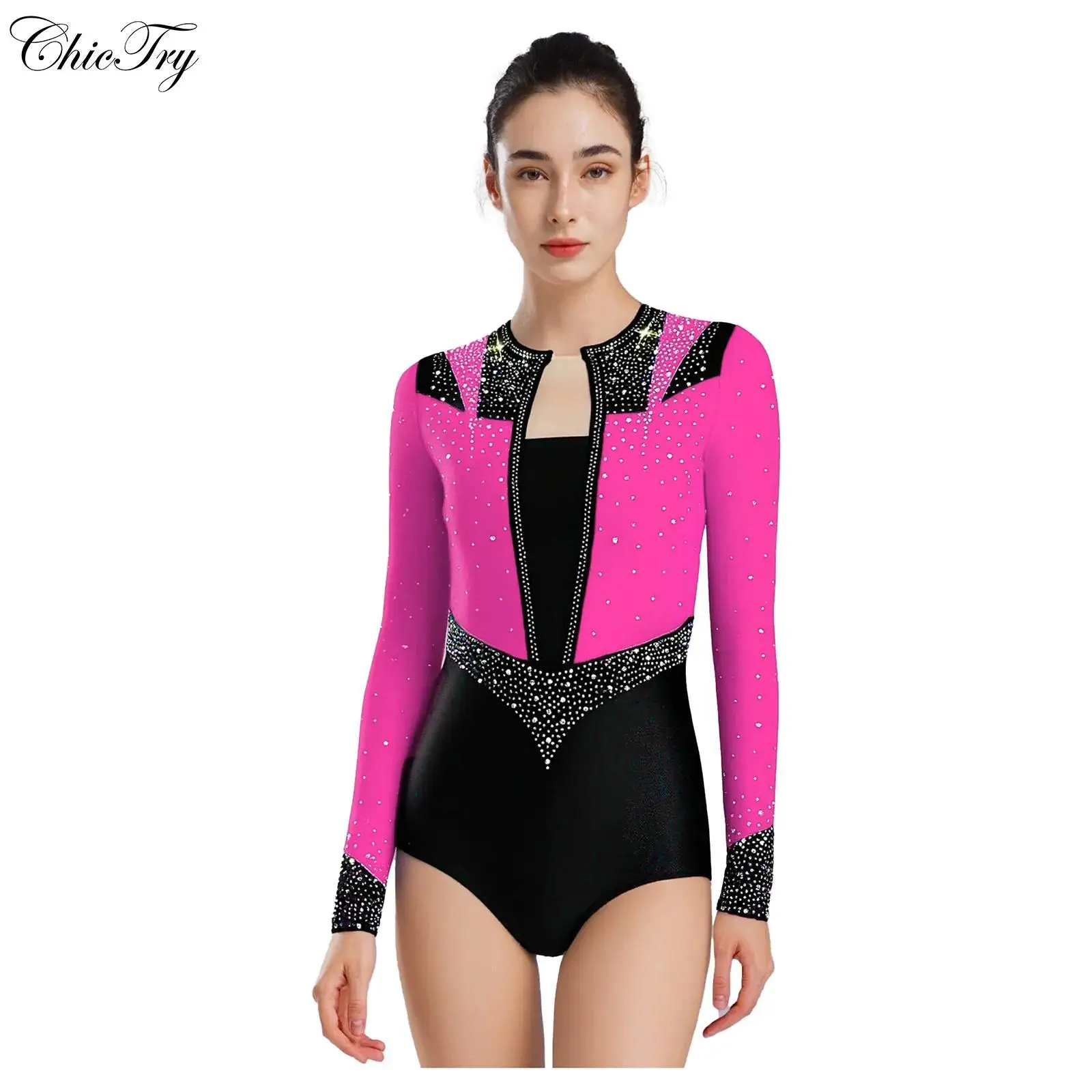 mulheres-ballet-ginastica-collant-strass-volta-oco-manga-longa-contraste-cor-bodysuit-figura-patinacao-no-gelo-trajes-de-danca