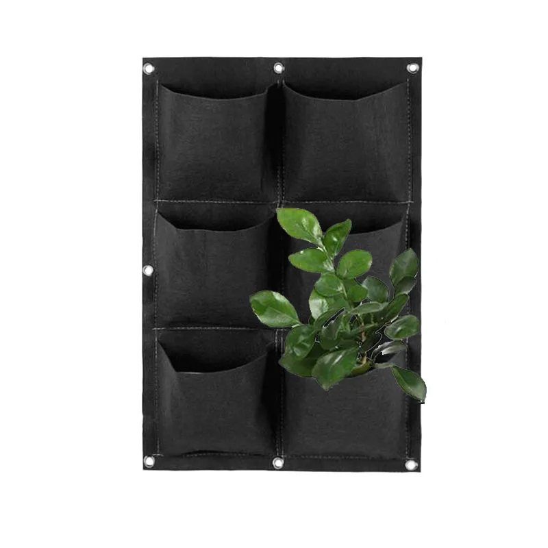 

6 Pockets Black Wall-mounted Planting Bag Vertical Flower Plant Bag Vegetable Hanging Pots Garden Decoration Non-woven Fabrics