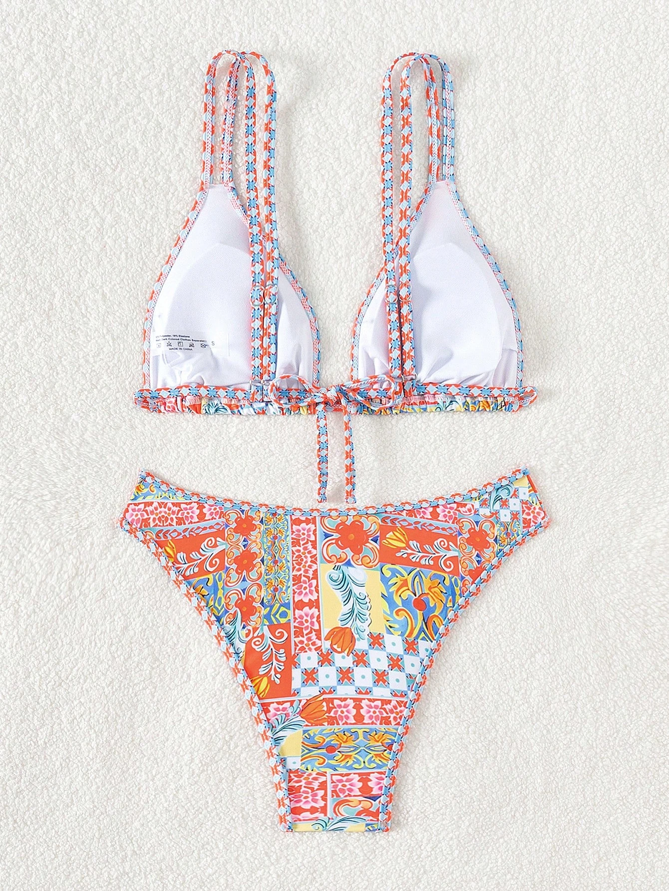Printed bikini suspenders adjustable triangle cups gathered for a vibrant spring outfit