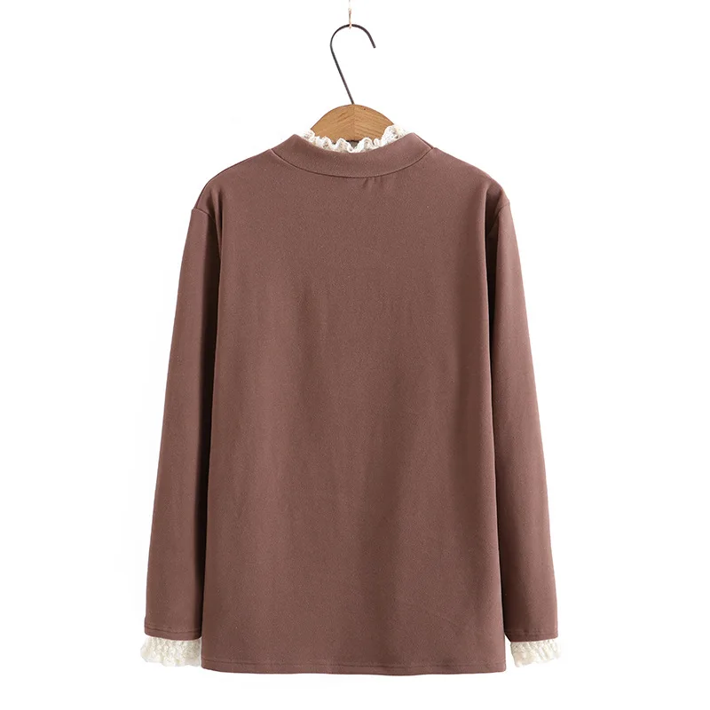 Camiseta básica de talla grande 4XL para mujer, retales de encaje con cuello levantado, Tops cálidos y ajustados, camisetas de lana de Color sólido a la moda para Otoño e Invierno