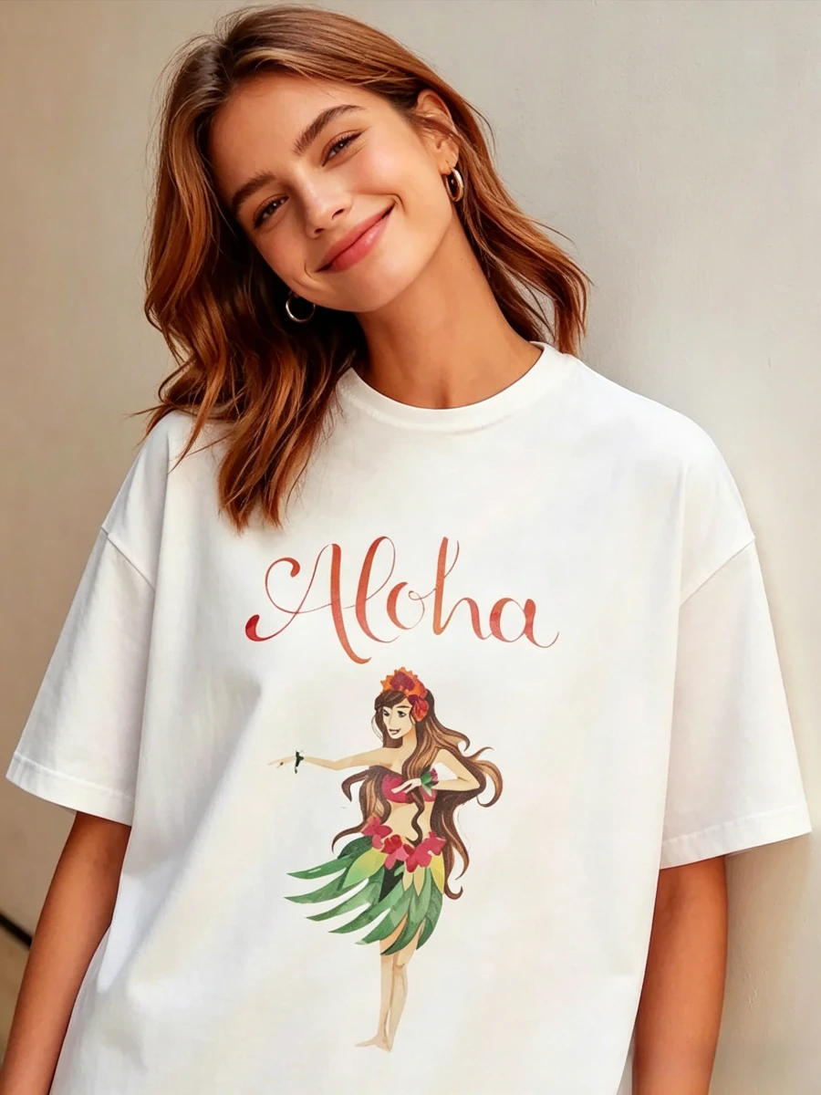 2026 Summer New Women's 100% Cotton Oversized T-Shirt American Retro Aloha Hula Girl Print Loose Casual Chic Commuter Top