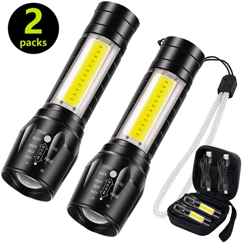 

Portable COB+LED Camping Light Flashlight USB Rechargeable Zoom Tactical Torch Lamp Waterproof Emergency Torch Christmas Gift