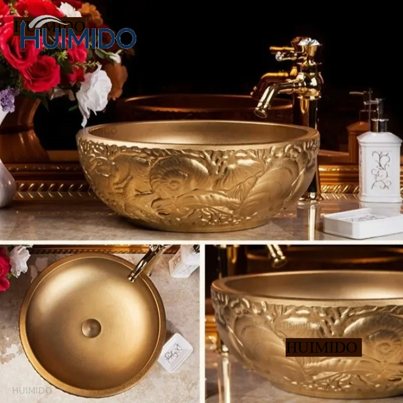 Luxury Golden Bathroom Sinks European Ceramic Washbasin for Bathroom Art Carving Washing Basin Hotel Home Balcony Gold Sink