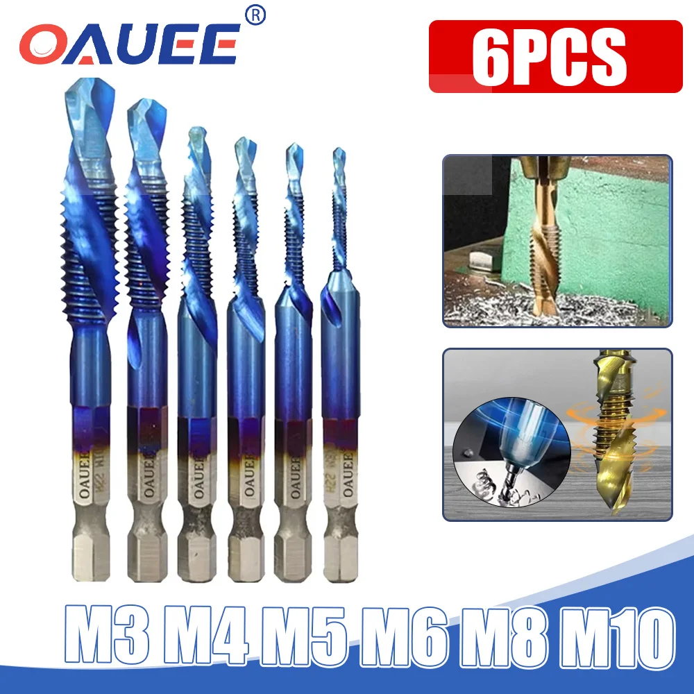 

6Pcs Tap Drill Bit Set M3 M4 M5 M6 M8 M10 Hex Shank Titanium Plated HSS Screw Thread Bit Screw Machine Compound Tap Hand Tools