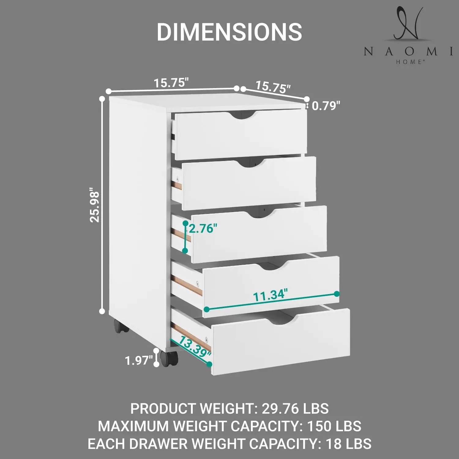 Taylor 5 Drawer Chest, Wood Storage Dresser Cabinet with Wheels, Craft Storage Organization, Makeup Drawer Unit - White