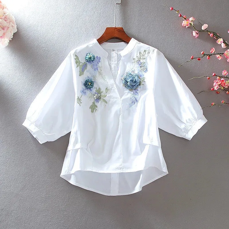 2023 Spring Summer New Embroidery Top Large Size Women\'s Mid-Sleeve V-Neck Shirts And Blouse Loose Casual White Women Blusa 4XL