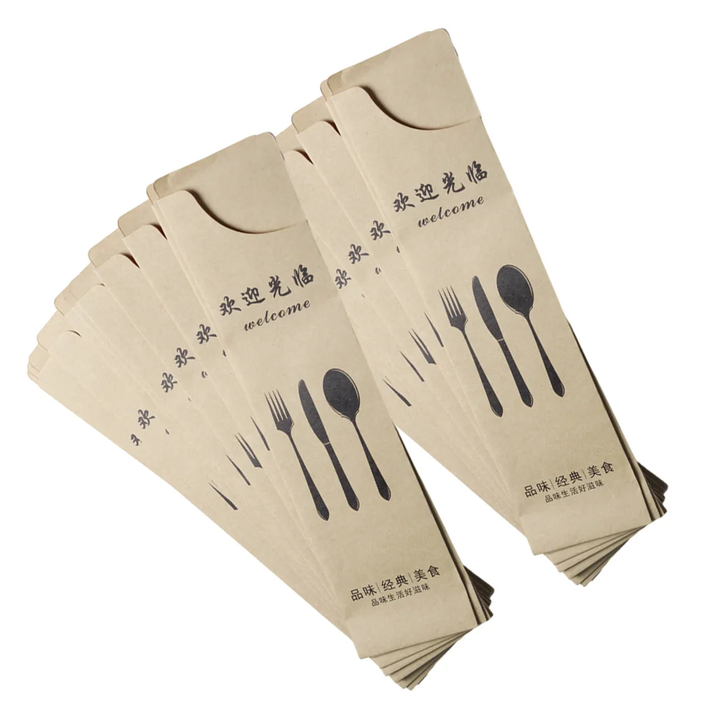 

100pcs Cutlery Bags Kraft Paper Fork Spoon Knife Holder Disposable Tableware Pouches Silverware Covers Banquet Party