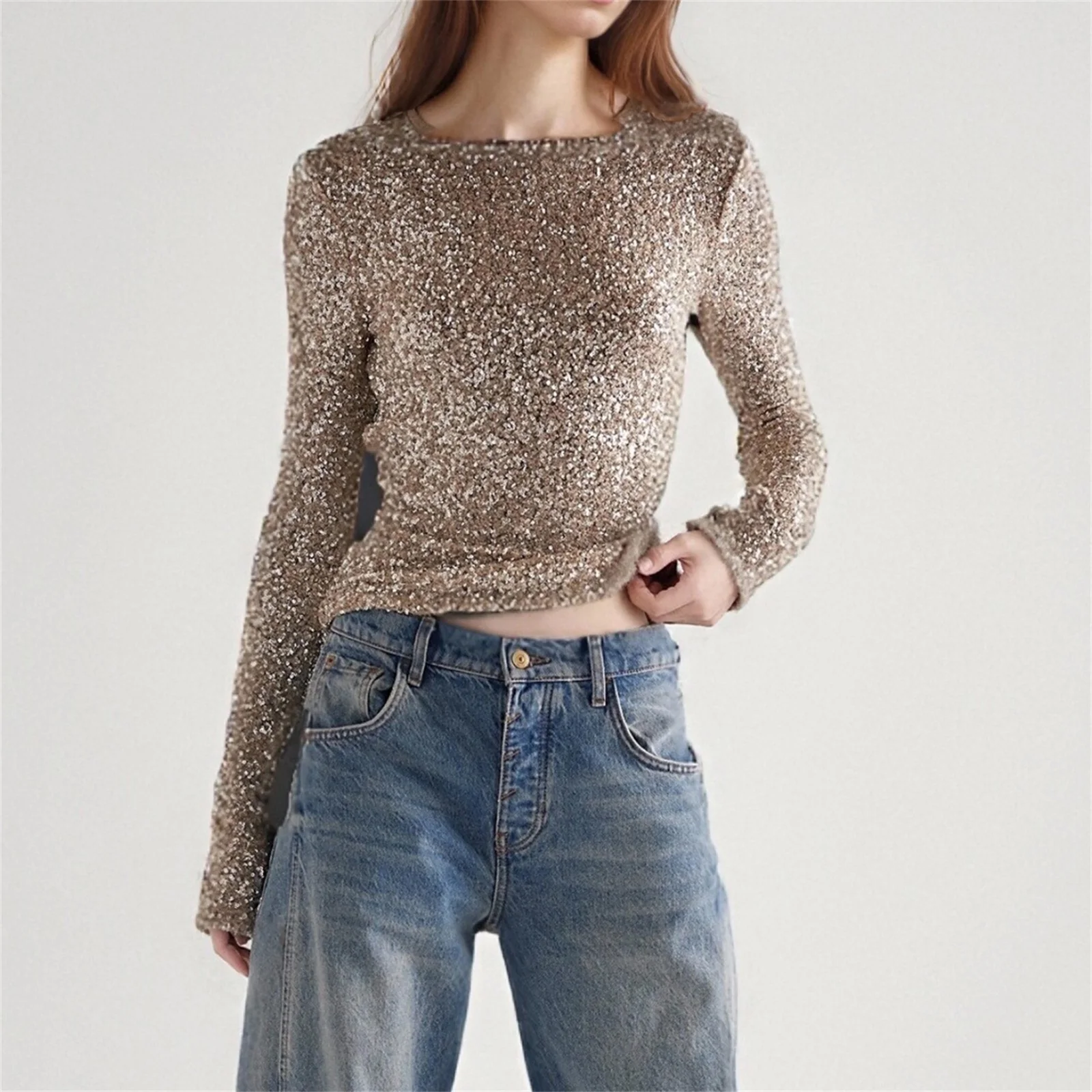 Women Sequin Long Sleeve Shirts Slim Fit Open Back Shiny Going Out Tops Trendy Streetwear