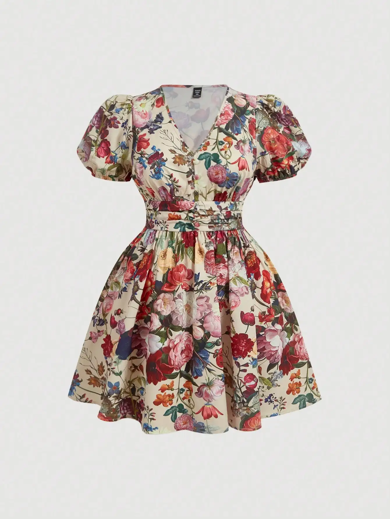 

Винтажное мини-платье с цветочным принтом, V-образным вырезом, пышными рукавами и поясом, летнее платье для чаепития больших размеров для женщин