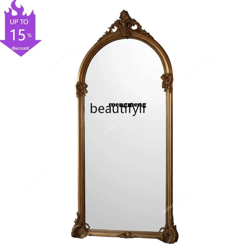 s8350 European style, full body full-length mirror custom retro carved arched floor mirror home living room cloakroom fitting mi