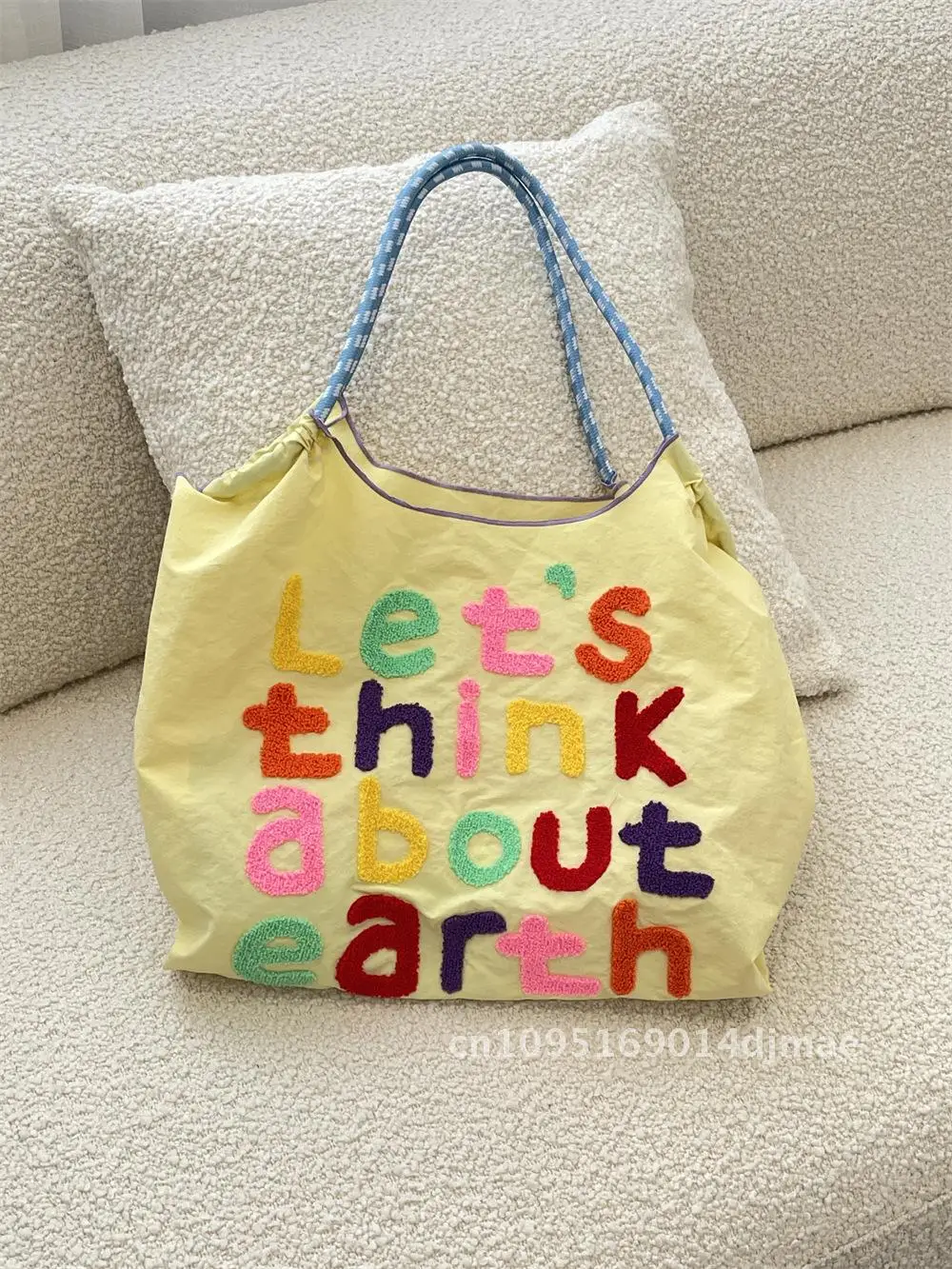 

Large Capacity Han Feng Tote Bag Women's Canvas Shoulder Lazy Style Embroidered Shopping Bag Portable with ID Card Holder