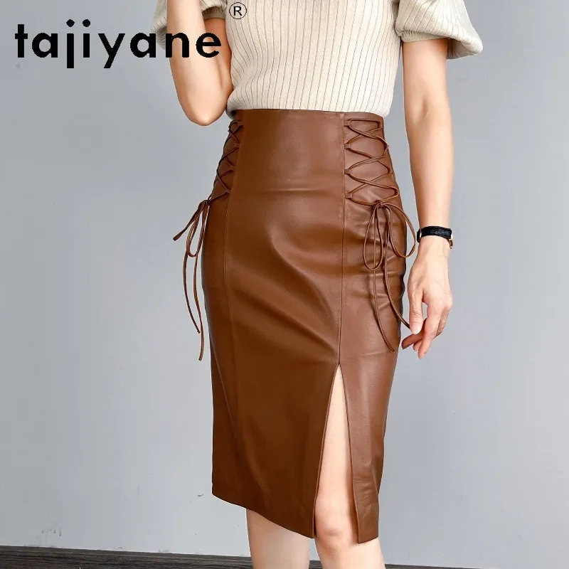TAJIYANE Genuine Sheepskin Leather Midi Skirt Women's Skirts Slit Bodycon Skirts of Woman High Waist A-Line Skirt Lace-Up Design