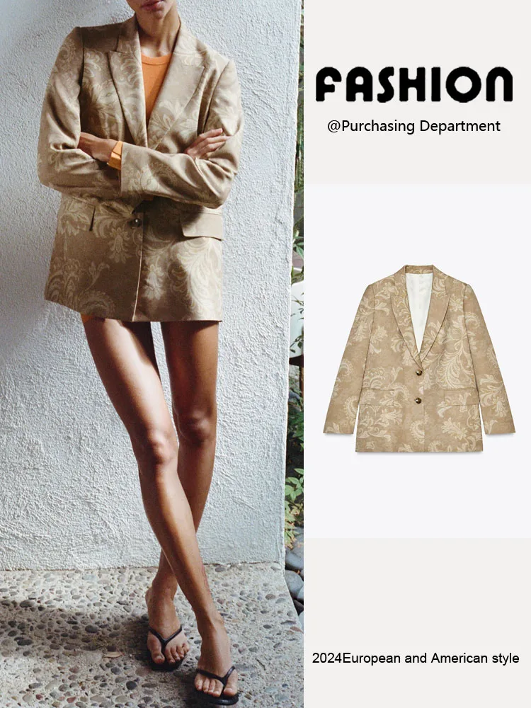 Spring New Arrival Women's Fashionable Versatile Long Sleeve Printed Suit Jacket with Shoulder Pads Commute Style ZA2025