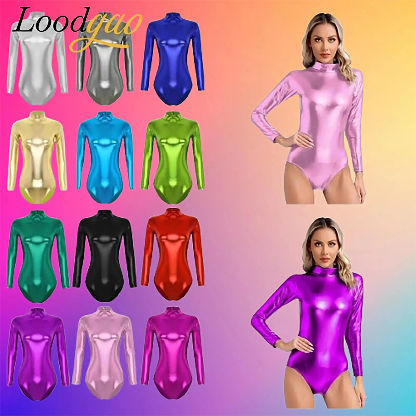 

Women's Shiny Metallic Bodysuit Long Sleeve Jumpsuit Clubwear Mock Neck Dancewear Disco Nightclub Ballet Gymnastics Leotard