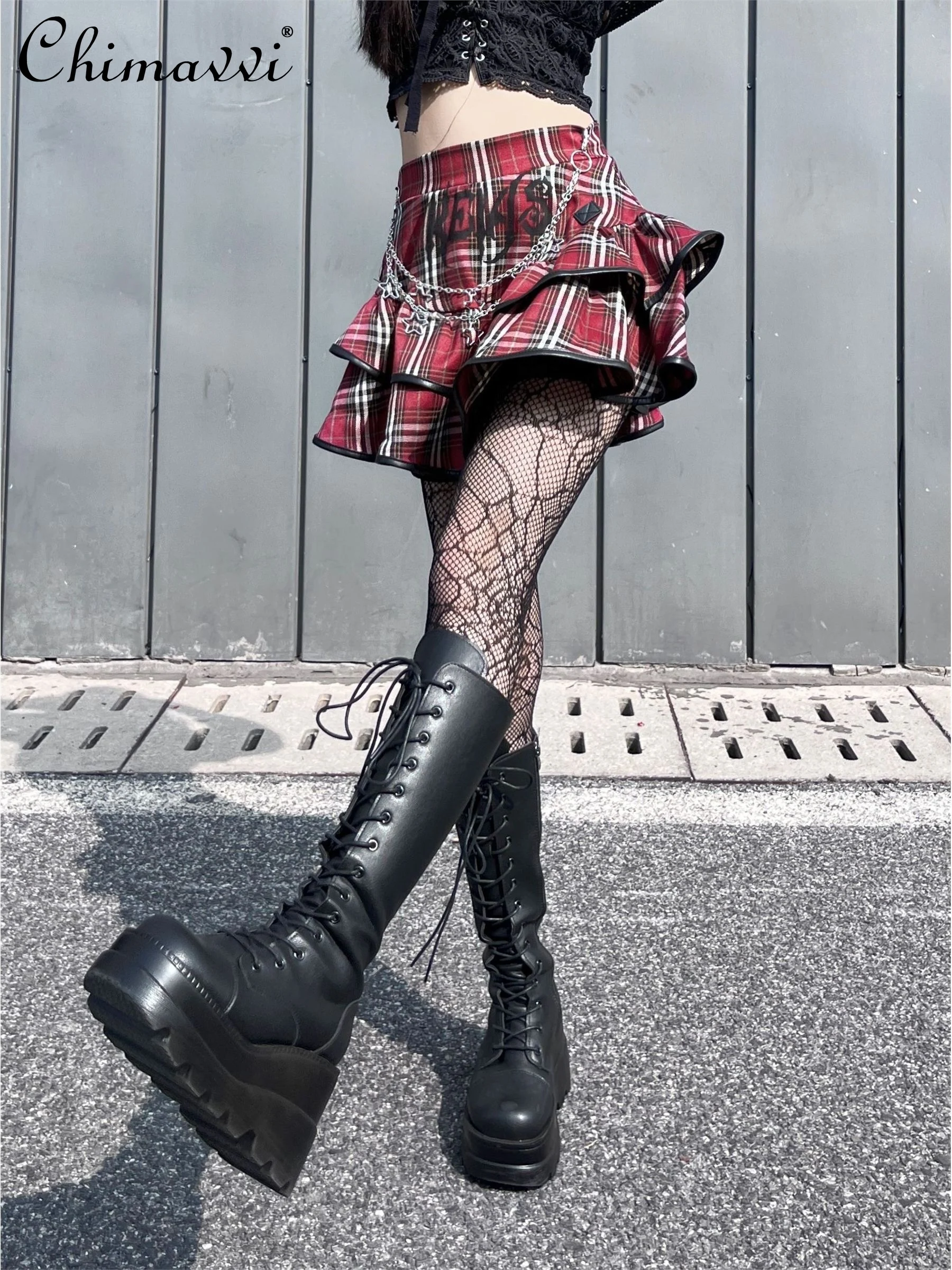 Asian Culture Punk Y2k Hot Girl Gothic Rock Retro Plaid Tiered Skirt 2024 Summer Clothes Women's High Waist Slimming Mini Skirts