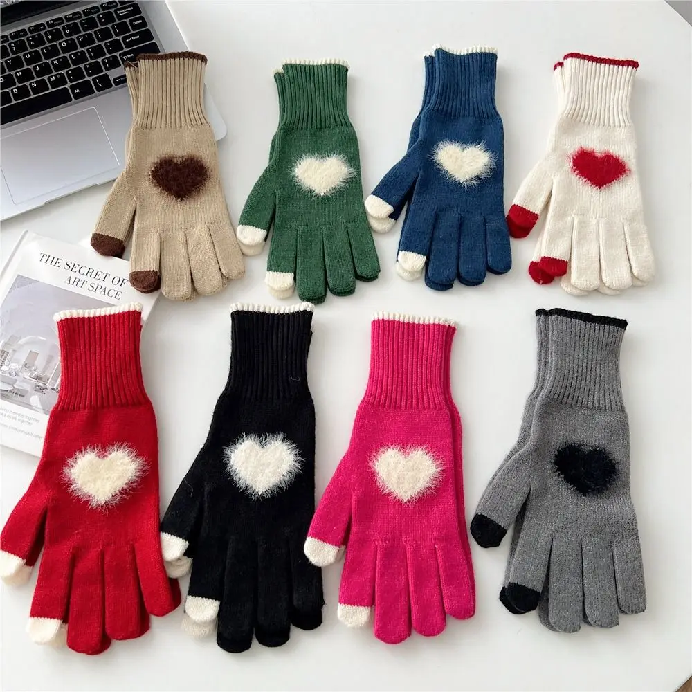 

Идеальный подарок, перчатки в корейском стиле с сердечками, толстые теплые холодостойкие зимние варежки, вязаные перчатки с сенсорным экраном, уличные велосипедные перчатки