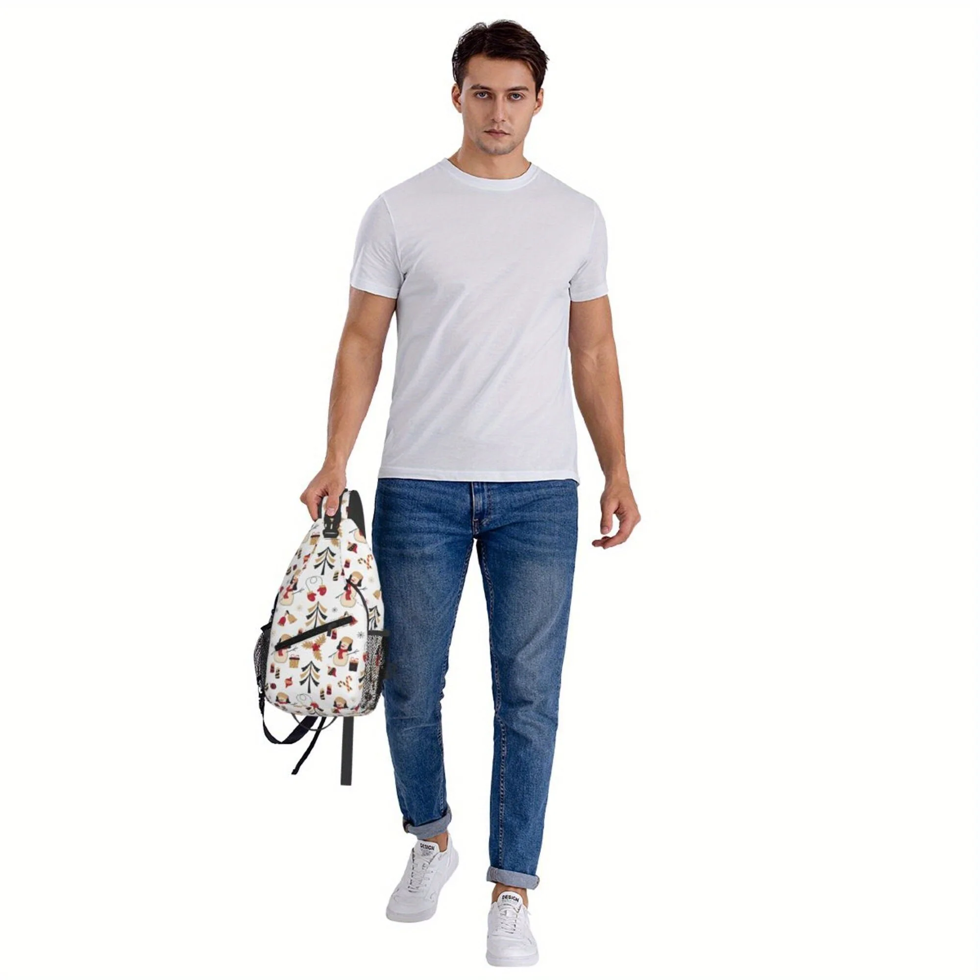 Men's Christmas Themed Sling Bag Durable Polyester Crossbody Chest Pack with Safety Zipper Festive Snowman Santa Hat Print