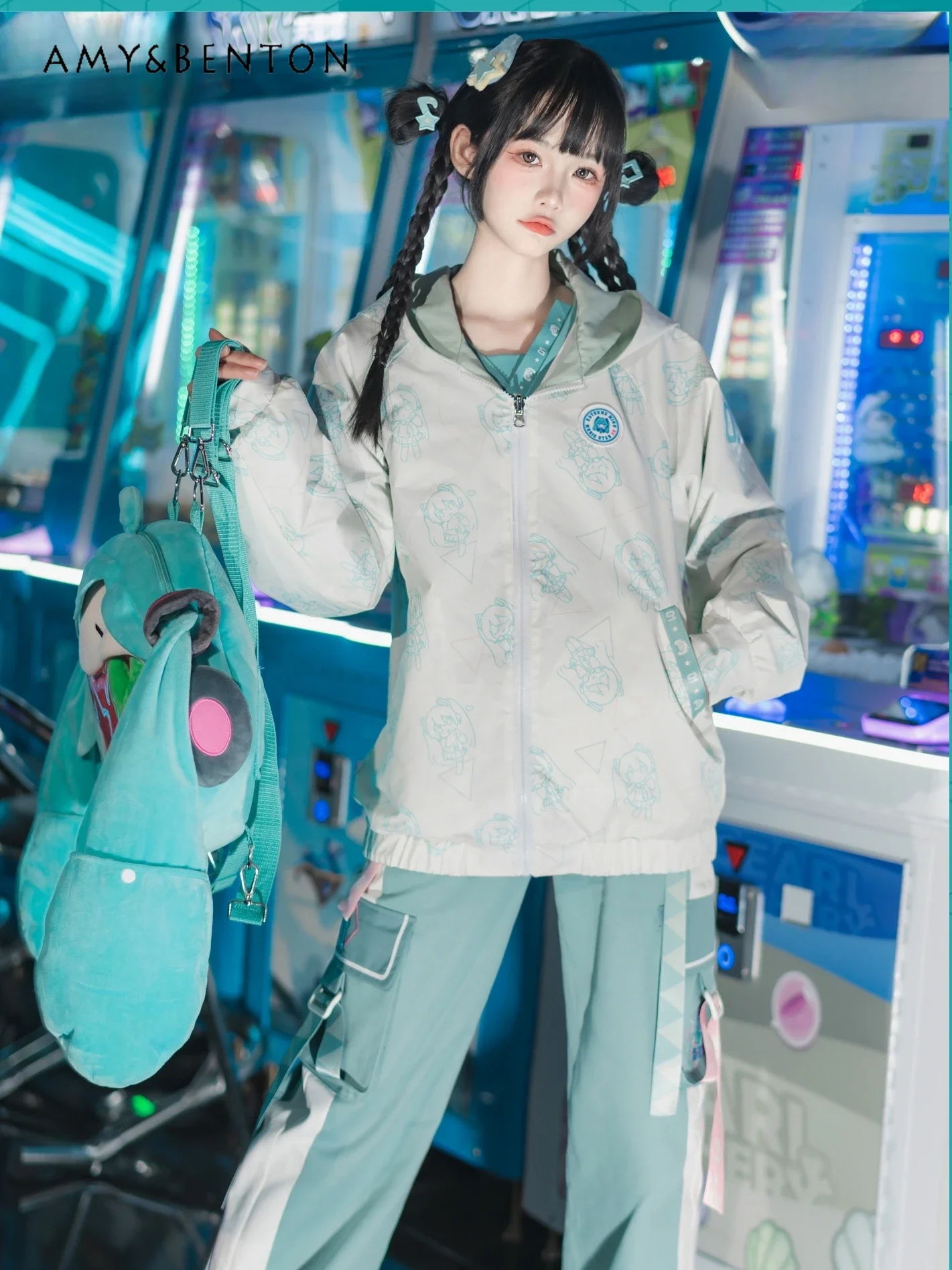 Japanese Print Double-Sided Hoodies Kawaii Long-Sleeved T-shirt Casual Pants Three-Piece Set Spring Preppy Style Sweet Outfits