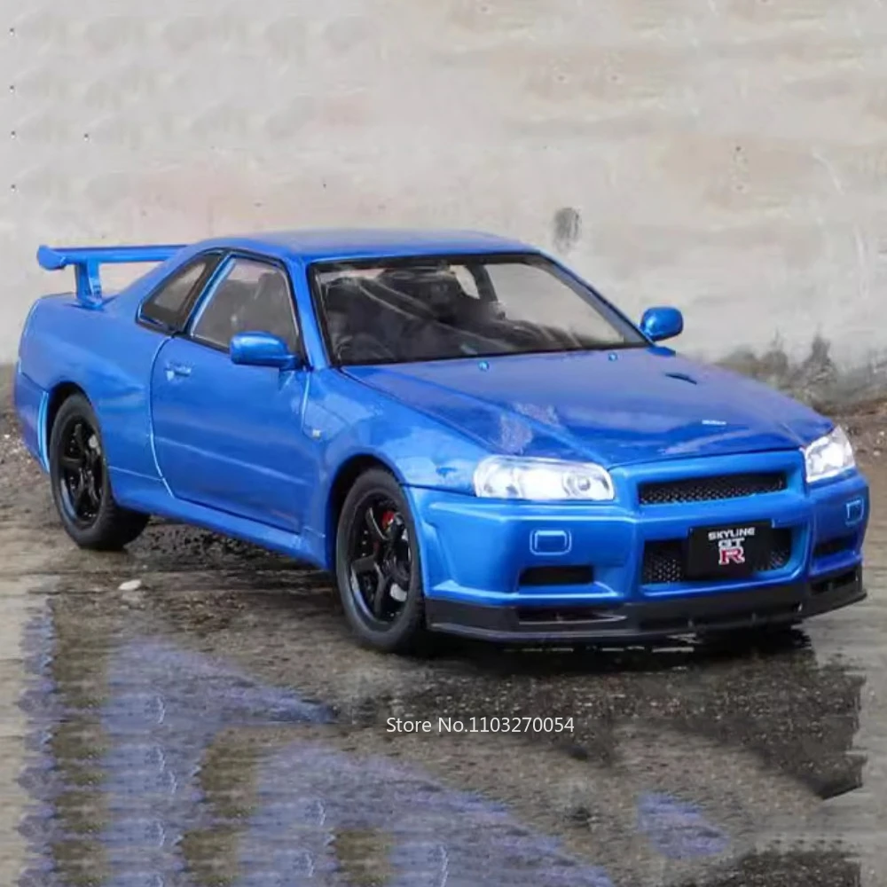 รถของเล่นโมเดล GTR R34 สเกล 1/24 ผลิตจากโลหะผสม ดีไซน์รถสปอร์ต มีเสียง มีไฟ ดึงหลังวิ่งได้ 4 ประตูเปิดได้ ยางแบบยาง ของเล่นสำหรับเด็กผู้ชาย