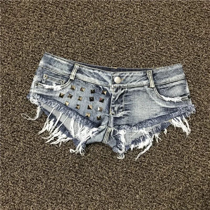 Szorty damskie seksowne dziury nit niskiej talii stringi Denim Ultra Mini krótkie kobiece dżinsy bikini Feminino klub nocny