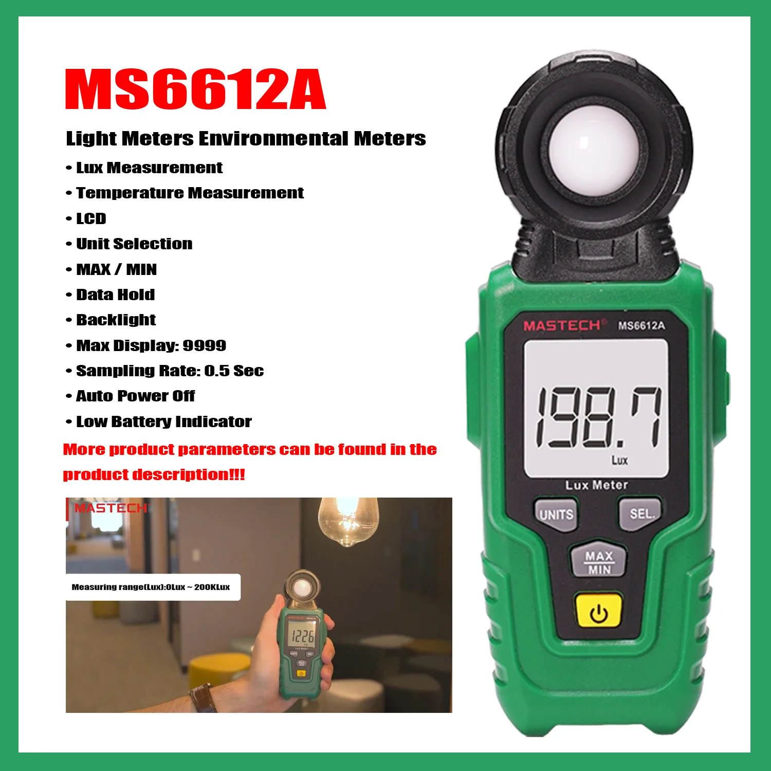 MASTECH MS6612A Light Meter LUX Digital Luxmeter Luminance Lux Fc Test Max Min Illuminometers Photometer