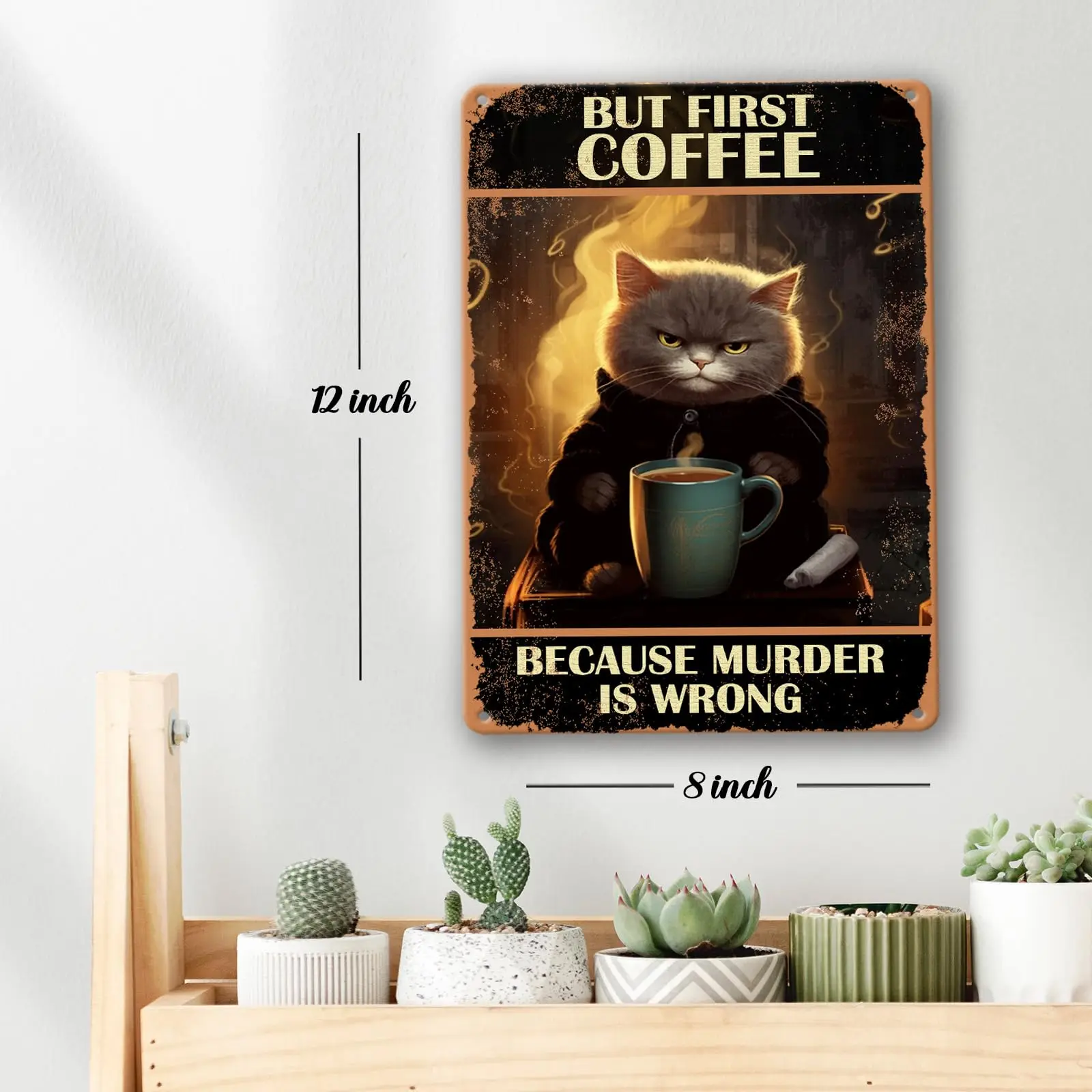 Retro Cat Coffee Bar Decor for Wall, Coffee Because Murder Is Wrong Metal Tin Sign for Kitchen Decor, Funny Cat Poster 8×12Inch